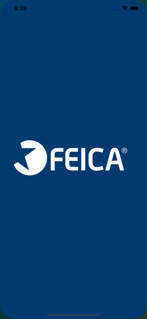 FEICA Events app splash screen featuring the white FEICA logo on a dark blue background
