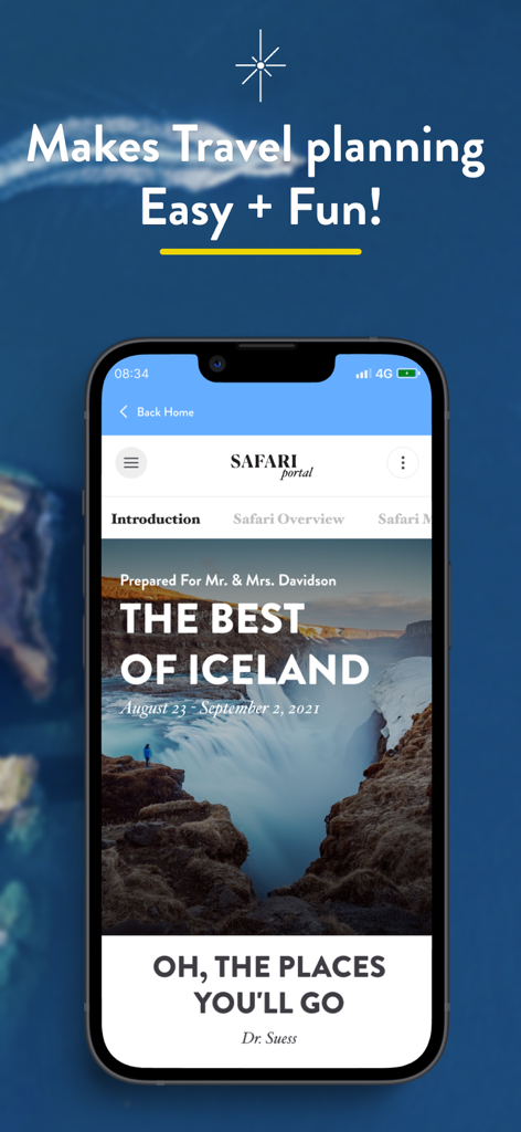 A luxury travel itinerary for Iceland displayed on a smartphone within the Travel Portal app