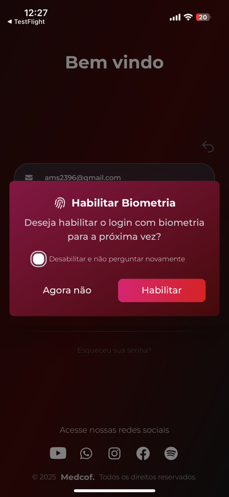 MedCof Aulas - Biometric login activation prompt on the MedCof Aulas mobile application