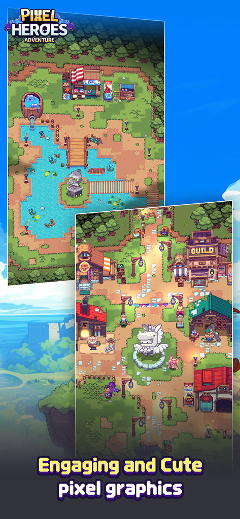 Pixel Heroes Adventure : MMO - Vibrant and cute pixel art towns and guild buildings in Pixel Heroes Adventure MMO.