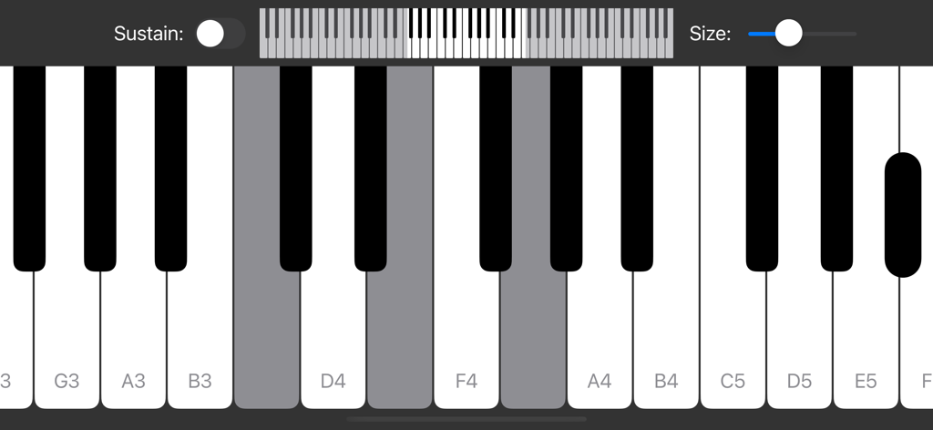 Close-up view of a digital piano keyboard with note labels and adjustable settings for sustain and key size.