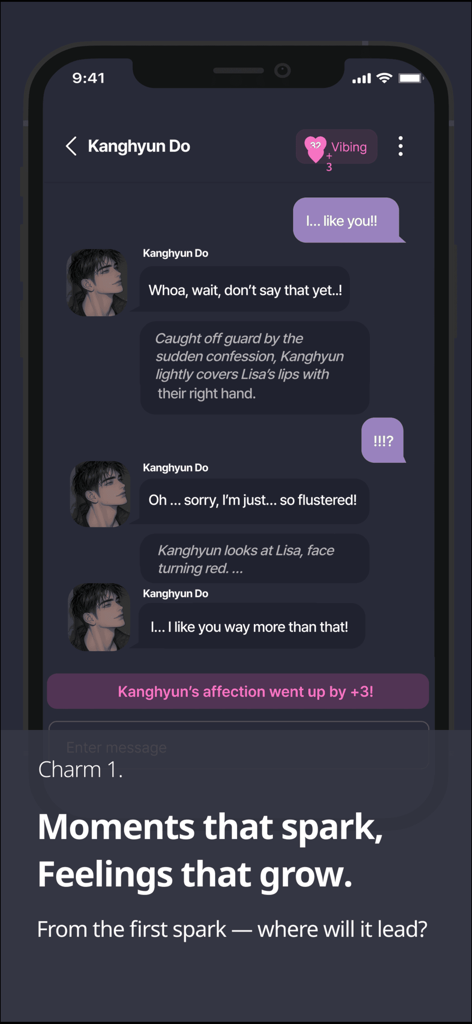 AI character chat interface in Melting app showing a romantic interaction and affection growth