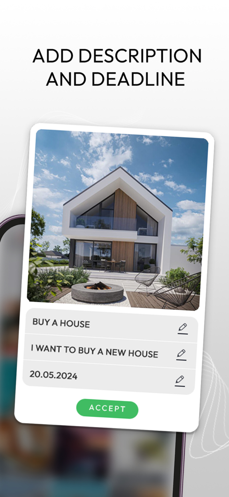 Interface of Vision Board app showing a goal to buy a house with a set description and deadline.