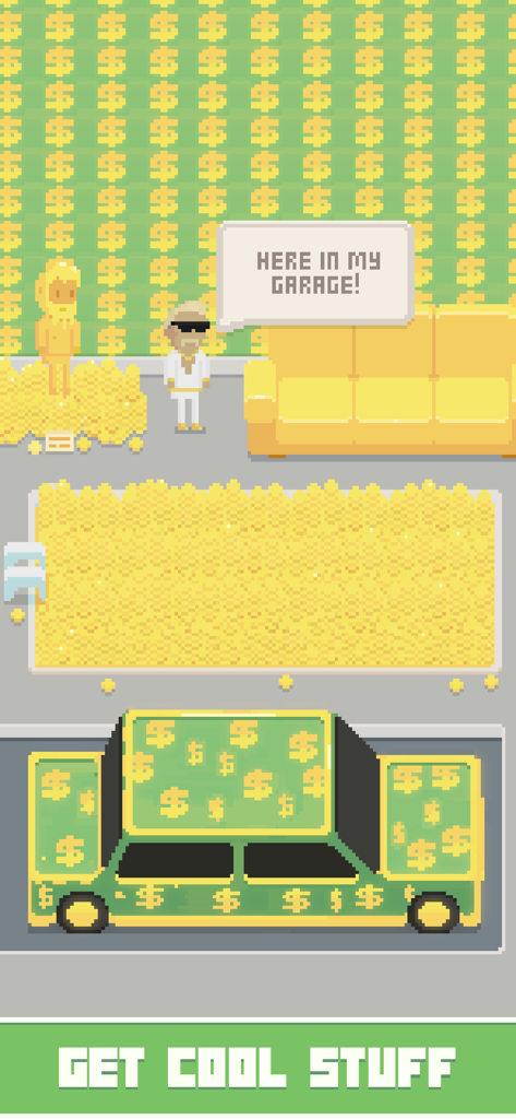 Virtual Beggar - 달러 기호로 덮인 자동차와 금색 수영장이 있는 차고에 있는 부유한 캐릭터의 픽셀 아트 장면