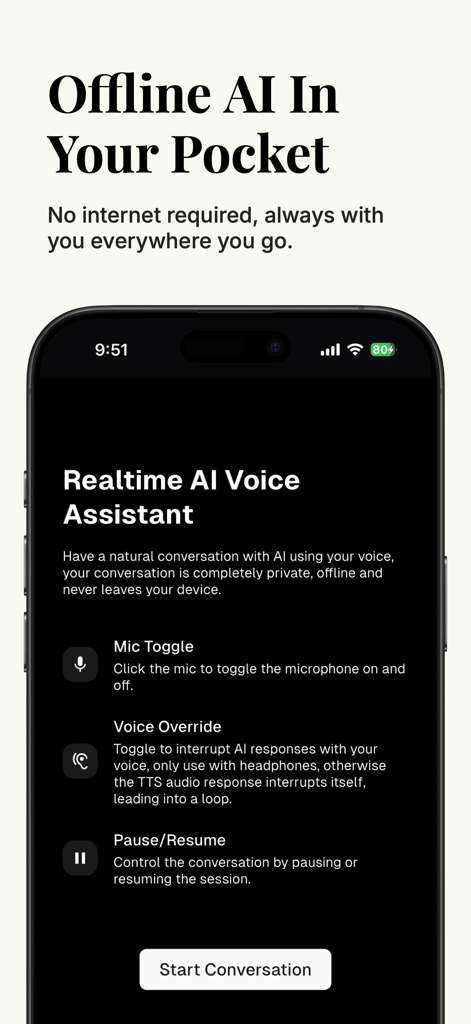 Vera: Offline AI - Vera Offline AI app interface showing realtime voice assistant controls on an iPhone screen
