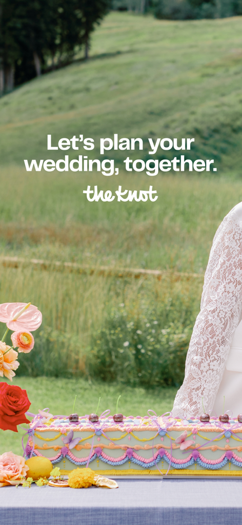 The Knot Wedding Planner - Let's plan your wedding together message from The Knot app featuring a bride and a colorful wedding cake in an outdoor setting