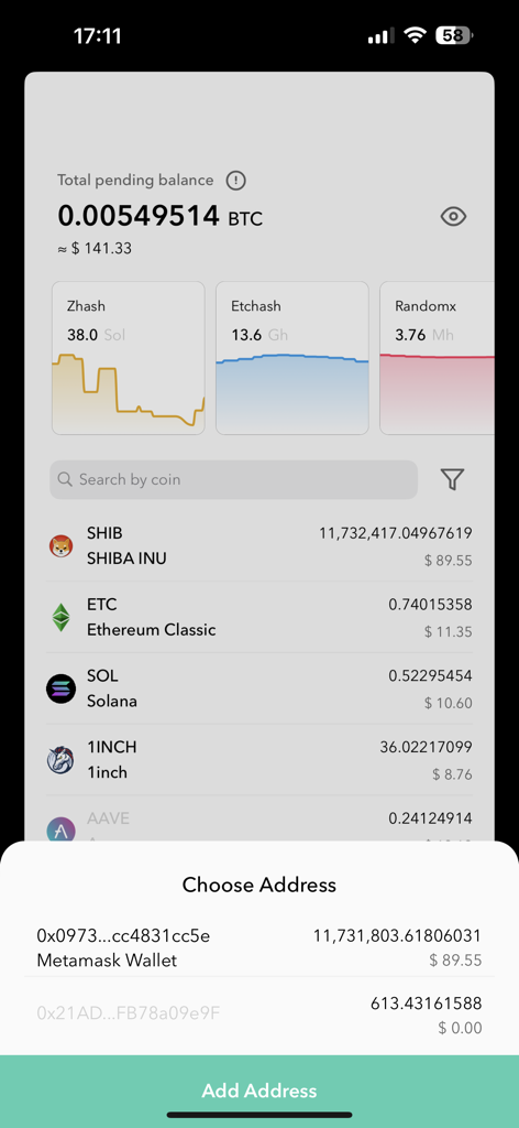 unMineable - unMineable app dashboard with mining stats and wallet address selection