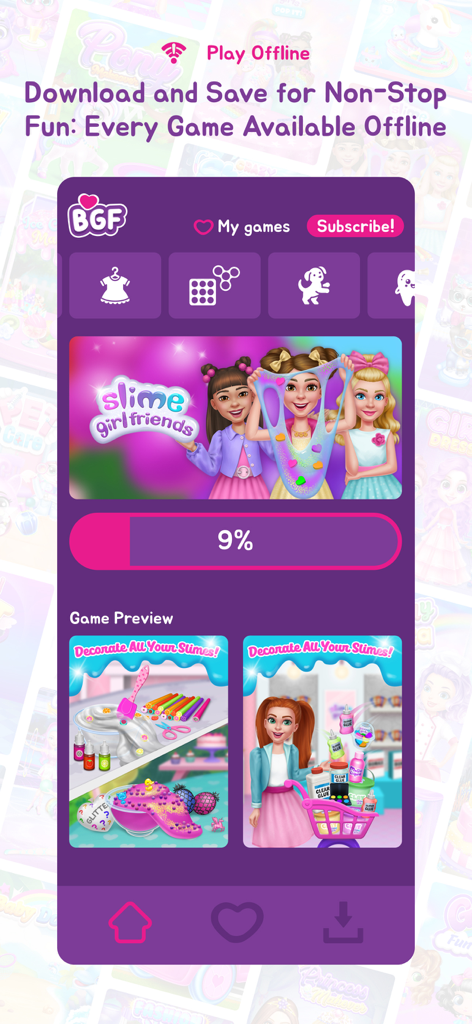 Girls Games! +1000 Kids Games - Interfaz de la aplicación de juegos para niñas que muestra la función de juego sin conexión y una vista previa del juego de slime.