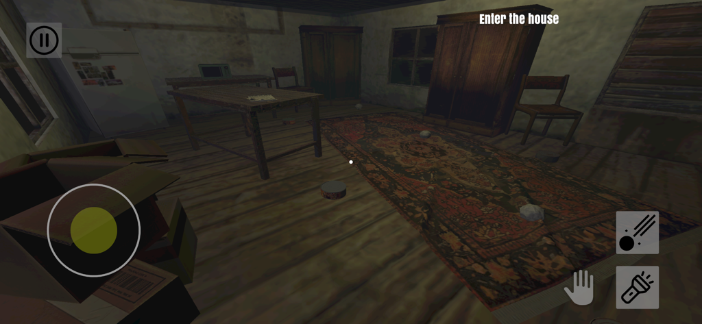 Escape Room : Keep Awake - Gameplay screenshot of the horror game Escape Room Keep Awake showing a dark room with a red rug and wooden furniture.