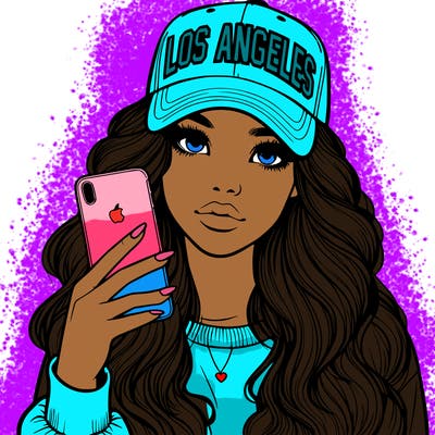 realistic beautiful girl wearing los ángeles cap holding an iphone