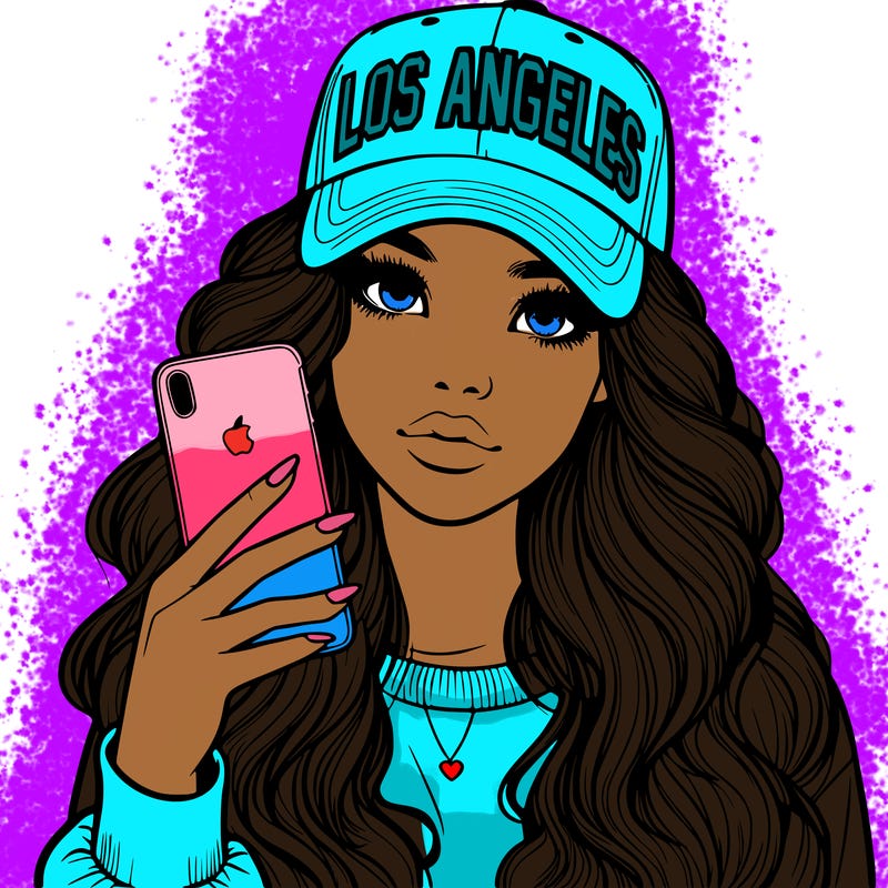 realistic beautiful girl wearing los ángeles cap holding an iphone