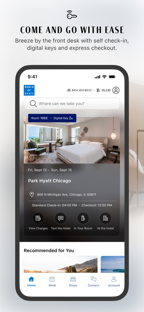 Tela do aplicativo móvel World of Hyatt exibindo o recurso de chave digital e gerenciamento de estadia no hotel.