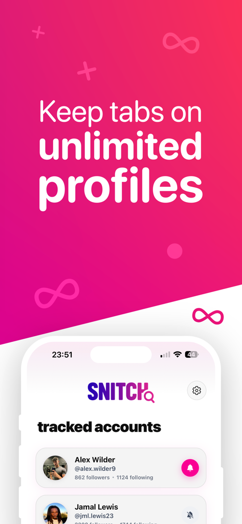 Snitch: Recent Follow Tracker - Snitch app screenshot showing the tracked accounts list with the caption Keep tabs on unlimited profiles.