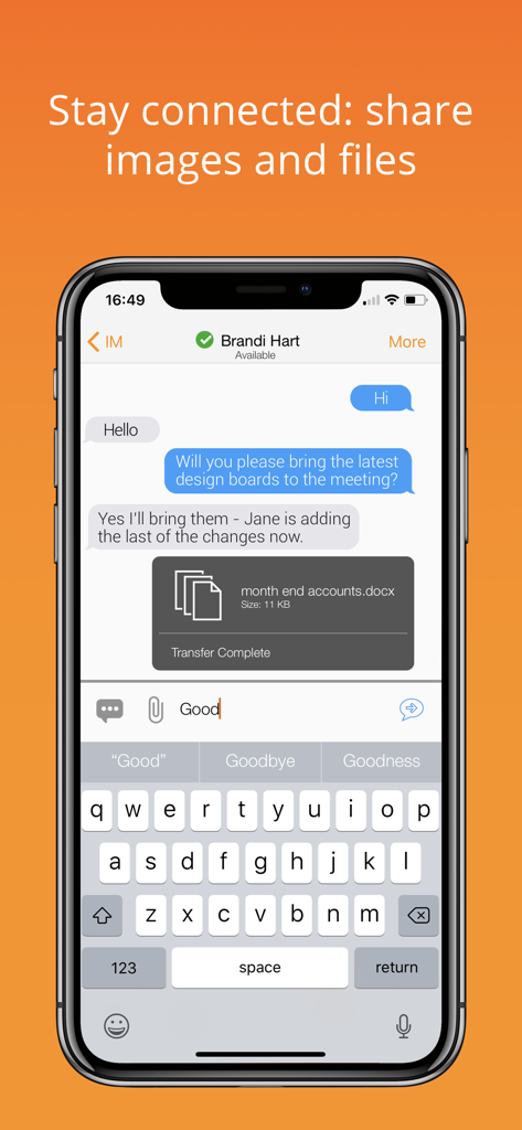 Bria Mobile app interface showing enterprise messaging and a shared document file
