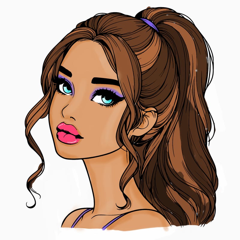 realistic girl with a ponytail on her hair and lips