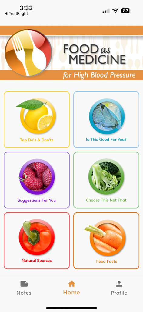 High Blood Pressure - Pantalla de inicio de la aplicación Presión Arterial Alta con categorías de Alimentos como Medicina y recomendaciones de salud