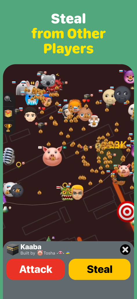 Cheapshot - Map Game - Cheapshot map interface with multiple emoji avatars and options to attack or steal from other players