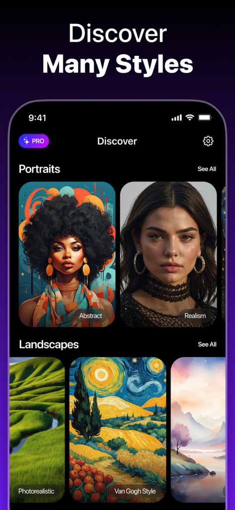 Mobile app interface showing various AI art styles for portraits and landscapes