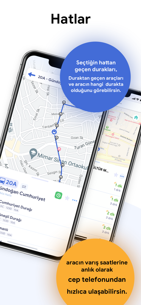 Kentkart - Kentkart 앱 인터페이스, 버스 노선 20A 경로, 정류장 및 스마트폰 화면의 실시간 도착 예상 시간 표시 지도