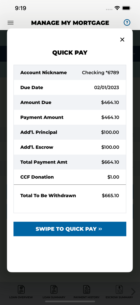 Quick Pay interface for mortgage payments in Carrington Mobile app