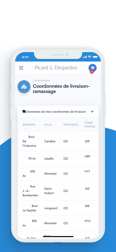 Écran de l'application Picard & Desjardins montrant un résumé des adresses de livraison et de ramassage dans diverses villes du Québec.