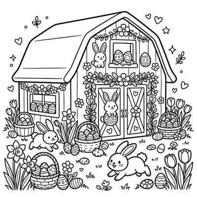 Step into a delightful Easter scene with our charming storage barn coloring page, beautifully adorned with festive decorations. Discover cute bunnies, colorful eggs, and blooming spring flowers, promising hours of creative coloring fun for all ages.