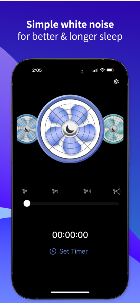 Sleep Aid Fan - White Noise - Interface of the Sleep Aid Fan app showing fan selection and sleep timer for white noise