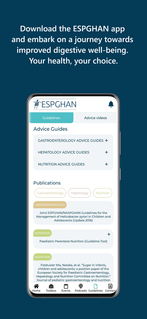 ESPGHAN mobile app interface showing clinical guidelines and publications for pediatric gastroenterology