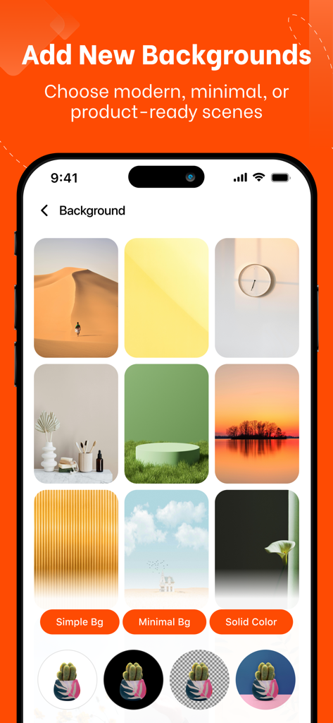 Photo Retouch Remove Objects - Uma interface de aplicativo móvel exibindo várias cenas de fundo modernas e minimalistas para edição de fotografia de produto.