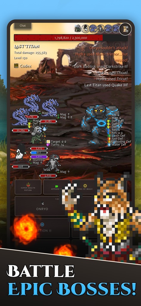 Batalla por turnos pixel art de 8 bits de Hero of Aethric contra el jefe Último Titán