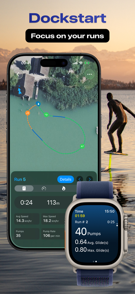 Foil, Wing, Surf - FoilMotion - FoilMotion app displaying dockstart run metrics and GPS tracking on iPhone and Apple Watch