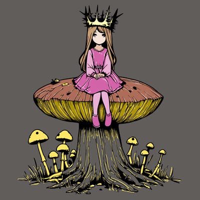 realistic girl sitting on a huge tree stump size toadstool with thorn crown