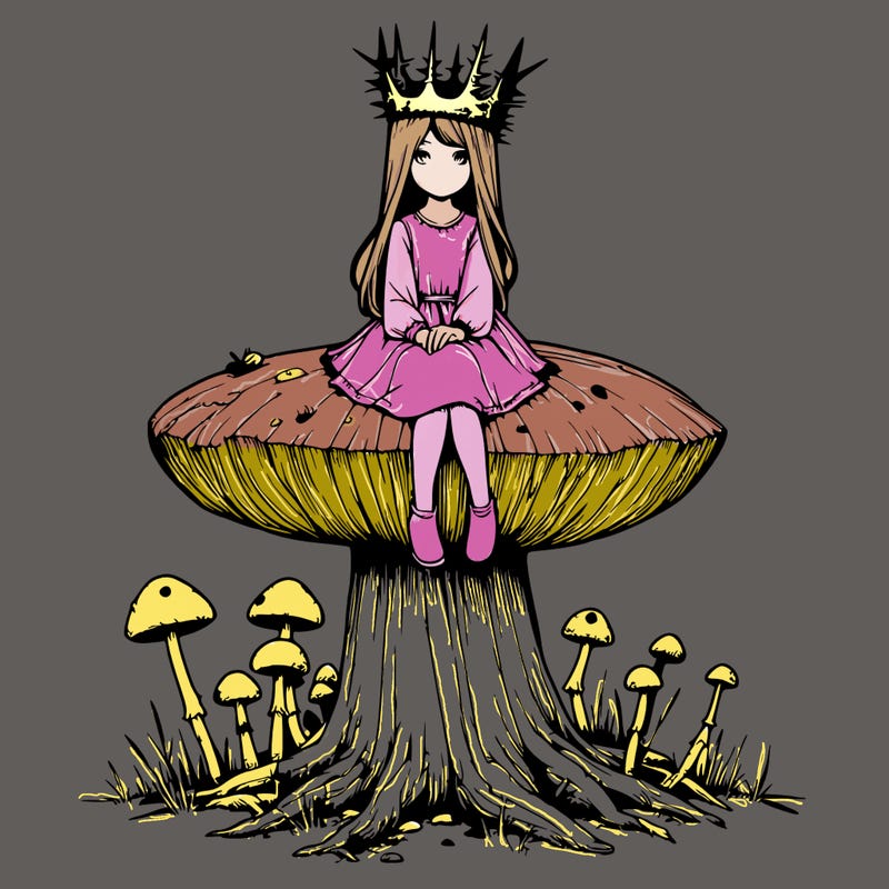 realistic girl sitting on a huge tree stump size toadstool with thorn crown
