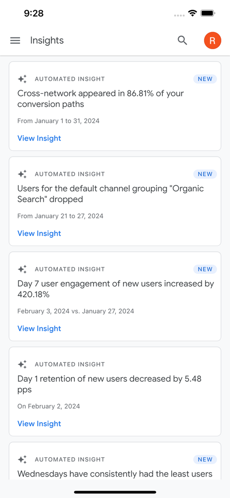 Google Analytics - Google Analytics mobile app insights screen displaying automated data highlights