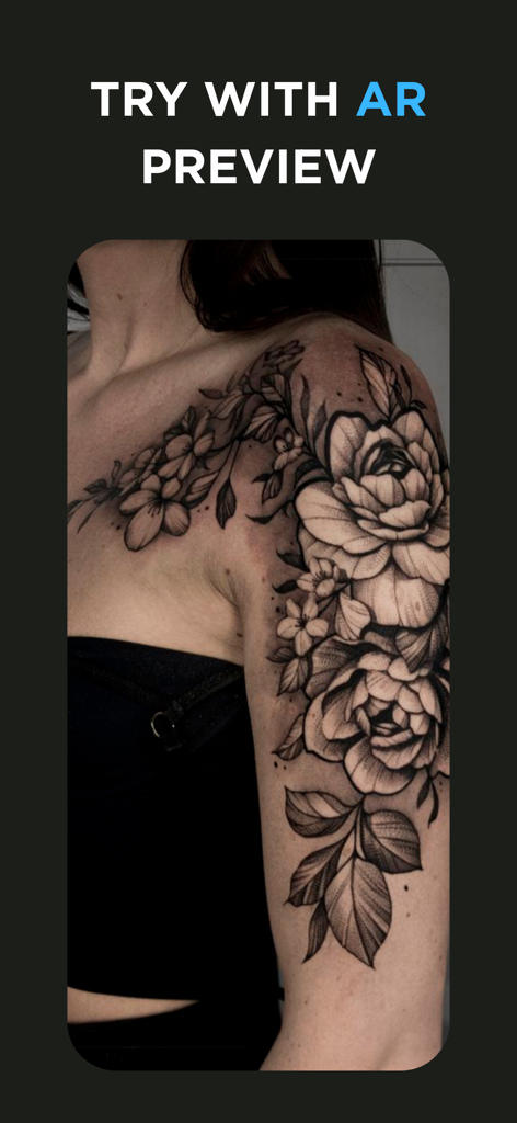 Tattoo AI: Generator & Design - 女性の肩に大きな花のタトゥーデザインのARプレビュー。