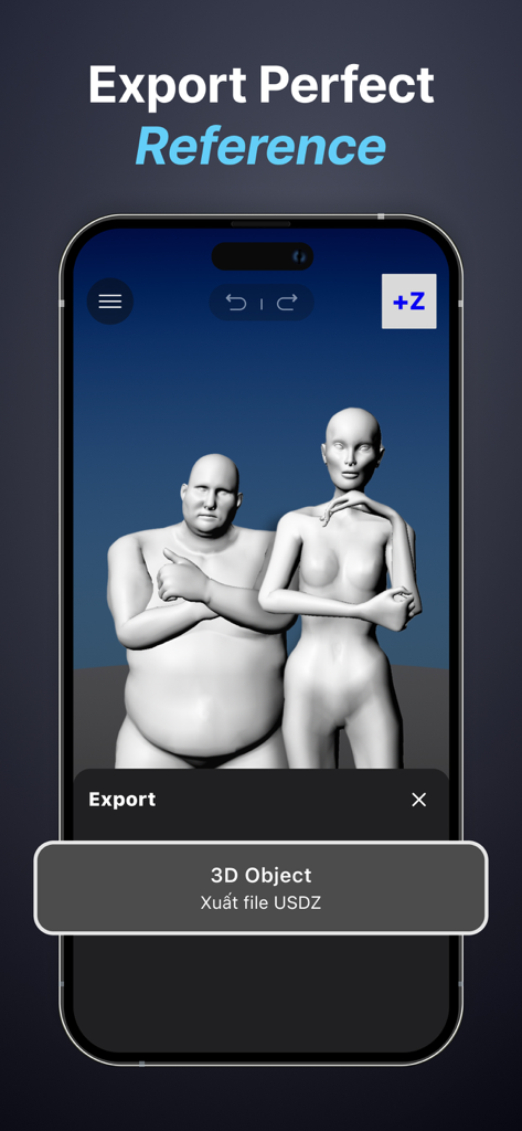 3D Pose Reference & Easy Poser - Interfaz de la aplicación Referencia de Postura 3D mostrando la opción de exportación de modelos humanos en formato USDZ.