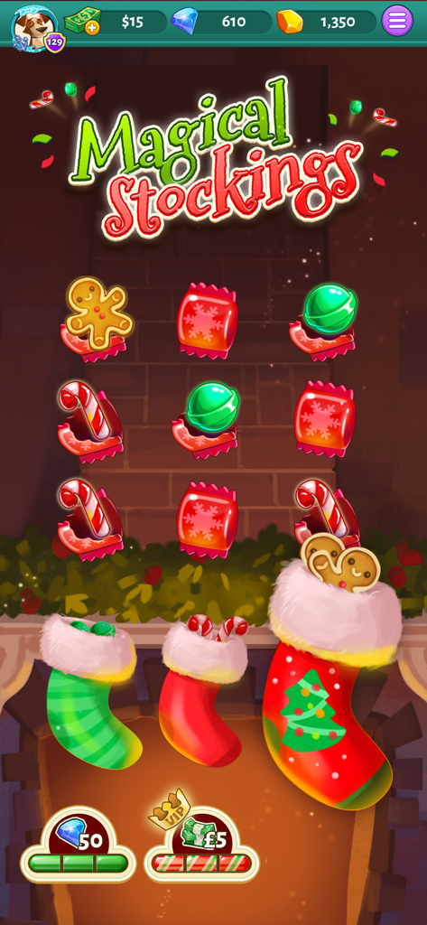 Solitaire Cash - Écran de l'événement de Noël 'Magical Stockings' de Solitaire Cash avec des récompenses festives et des prix en argent