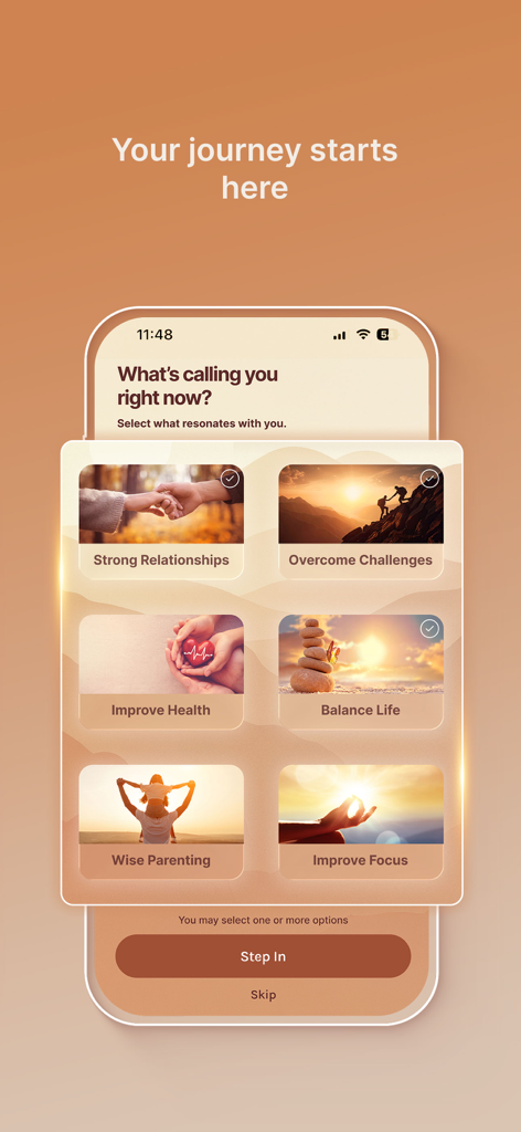 Self Connect by SRMD - Pantalla de incorporación de la aplicación móvil para Self Connect que muestra selecciones de objetivos de crecimiento personal como relaciones, salud y enfoque.