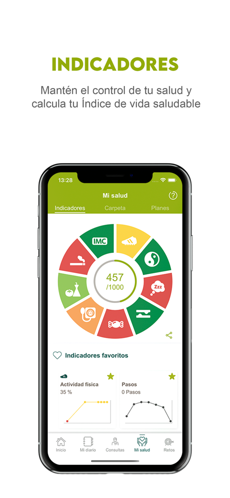 DKV Quiero cuidarme Más - DKV app dashboard showing health indicators and Healthy Life Index score