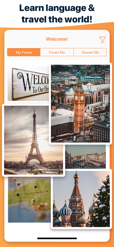 Match AuPair - Match AuPair app interface showing travel destinations and profile favorites screen.