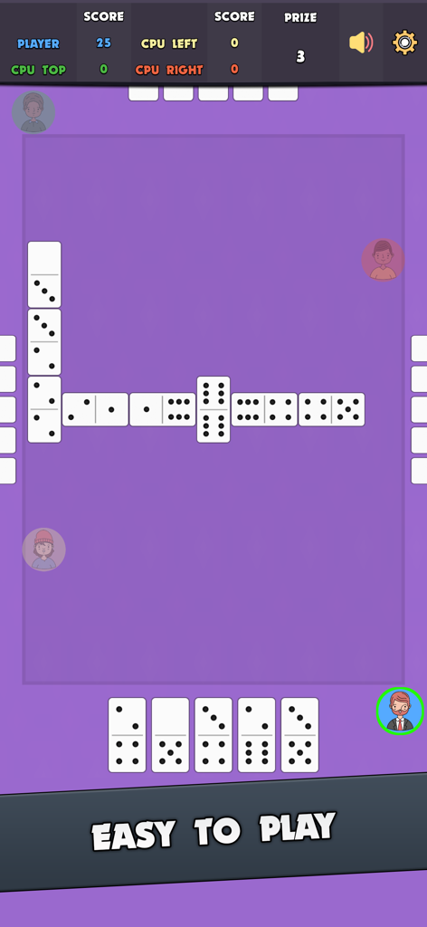 Dominoes: Classic Dominos Game - A classic dominoes game interface with white tiles on a purple background and a player hand at the bottom.