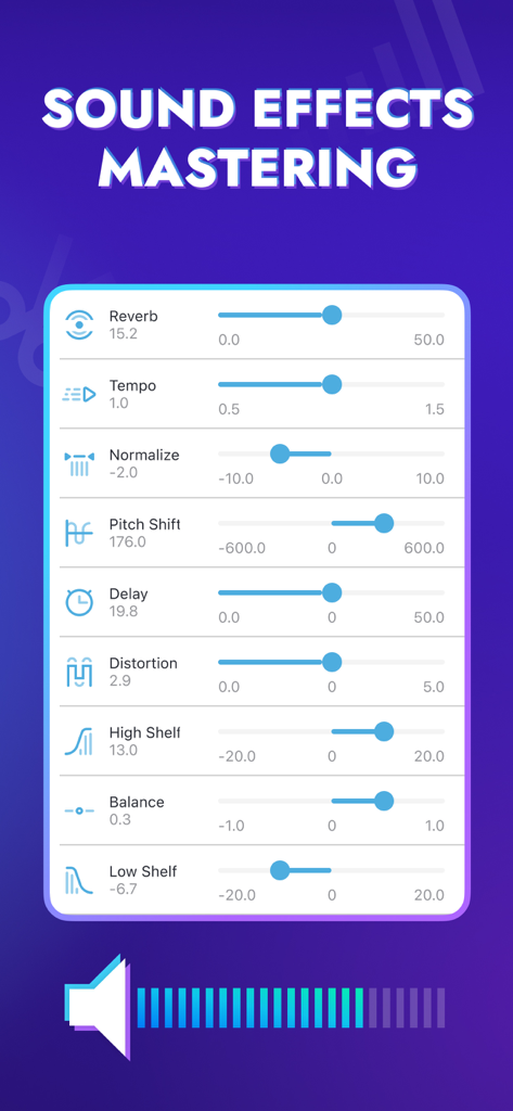 Audio Editor Tool: Edit Music - Audio Editor Toolアプリのサウンドエフェクトマスタリングインターフェース。リバーブ、テンポ、ピッチシフトのスライダーを表示。