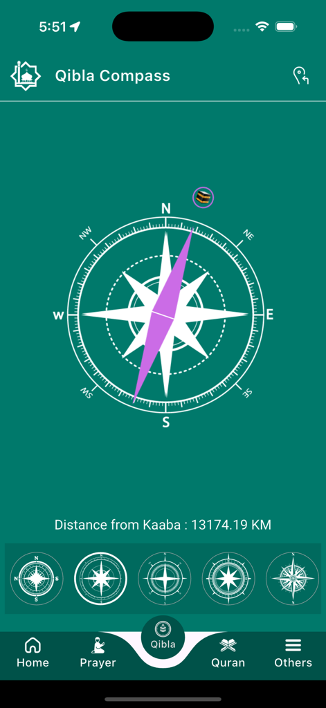 Qibla compass in Light of Deen app showing direction to the Kaaba