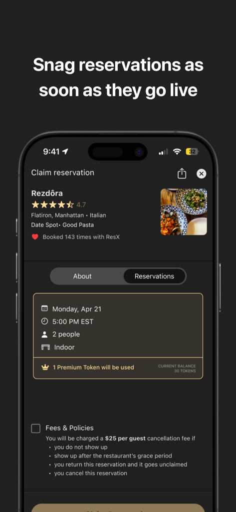 ResX app screen for claiming a last minute restaurant reservation in Manhattan