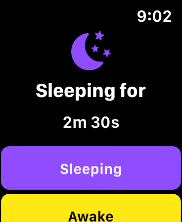 Simple Sleep Timer for Babies - Apple Watch app interface showing a baby sleep timer at 2 minutes and 30 seconds