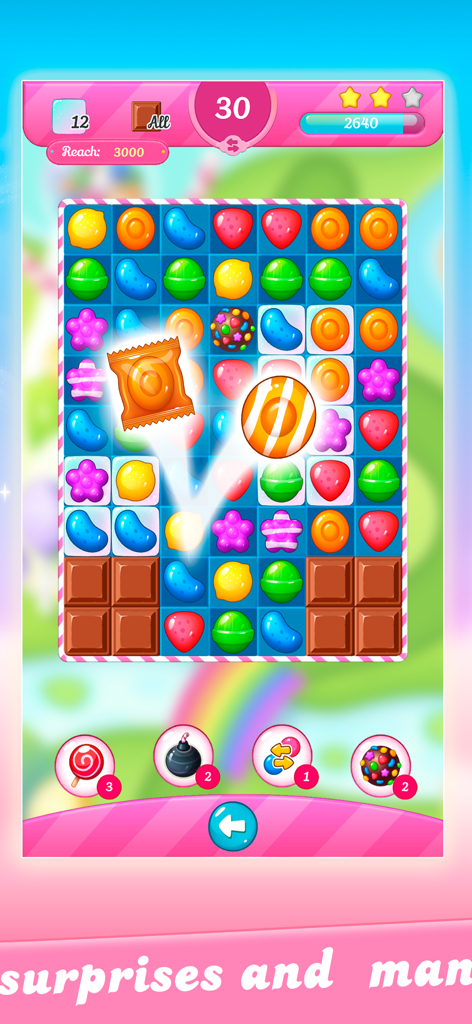 Candy Match 3: Sweet Lands - Gameplay of Candy Match 3 Sweet Lands showing a vibrant match 3 puzzle board with candies and boosters