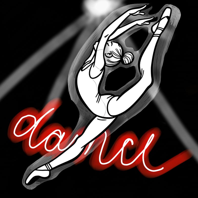 gymnast doing a leap in a leotard with a bent back leg