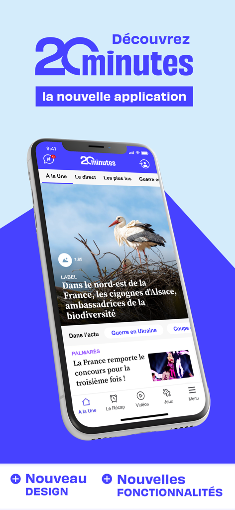 20 Minutes, news en continu - iPhone mostrando la interfaz de la aplicación de noticias 20 Minutos con artículos de noticias francesas y un nuevo diseño.