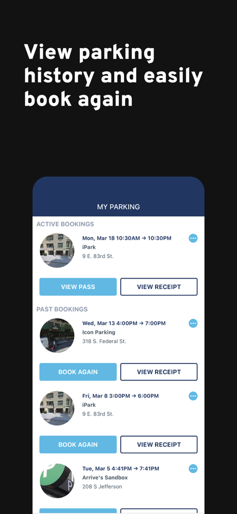 BestParking: Get Parking Deals - Screen showing active and past parking bookings with options to view passes and book again
