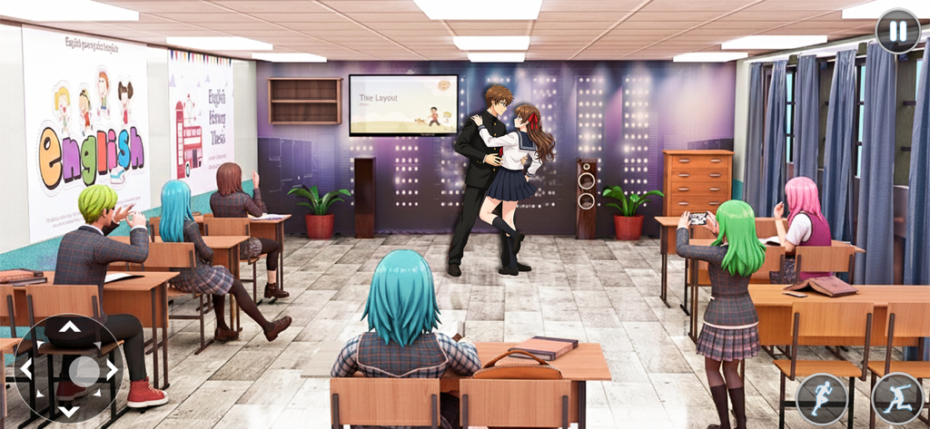 Estudantes de anime dançando em uma cena de sala de aula 3D de High School Simulator Life 3D